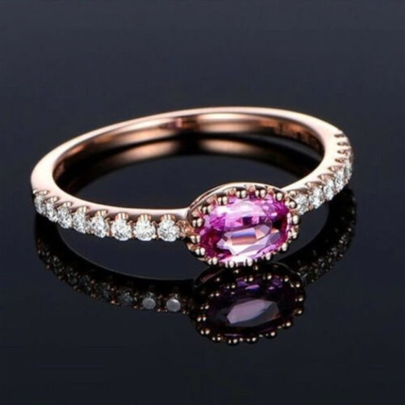 14k Rose Gold Plated Oval Cut Pink Sapphire Ring - Picture 1 of 6